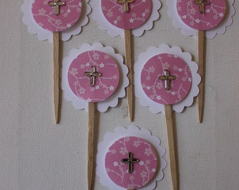 cake topper/cup cake topper/cross/baptism/tooth pick/pink/boy/girl