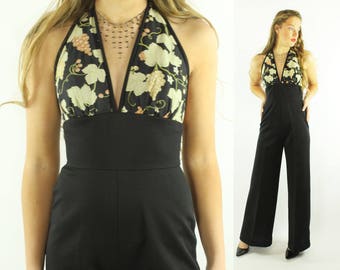 70s Halter Jumpsuit Bell Bottom Pants Floral Top Black Trousers Vintage 1970s Small Disco Hippie Boho Festival
