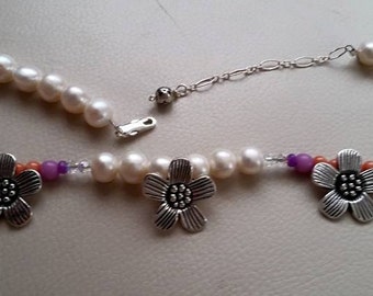Strand of pearls handmade flower necklace