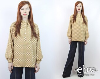 Vintage 70s Brown Floral Blouse L XL Printed Blouse Button Up Blouse Longsleeve Blouse Secretary Blouse Button Down Blouse