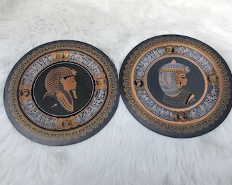 Egyptian Plate Decorative -King Tut & Ankhesenamun- Brass Copper Silver Hand Made Mixed Metals Vintage Wall Decor Egypt