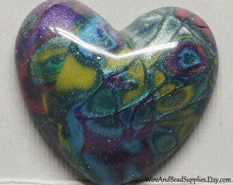 Mokume Gane Heart Cabochon Blue, Yellow, Green, Pink and Purple Polymer Clay Cabochon