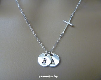 Sterling Silver Sideways Cross Necklace, Kids Initial Necklace, Monogram Necklace, Mothers day Gift, Personalized Necklace
