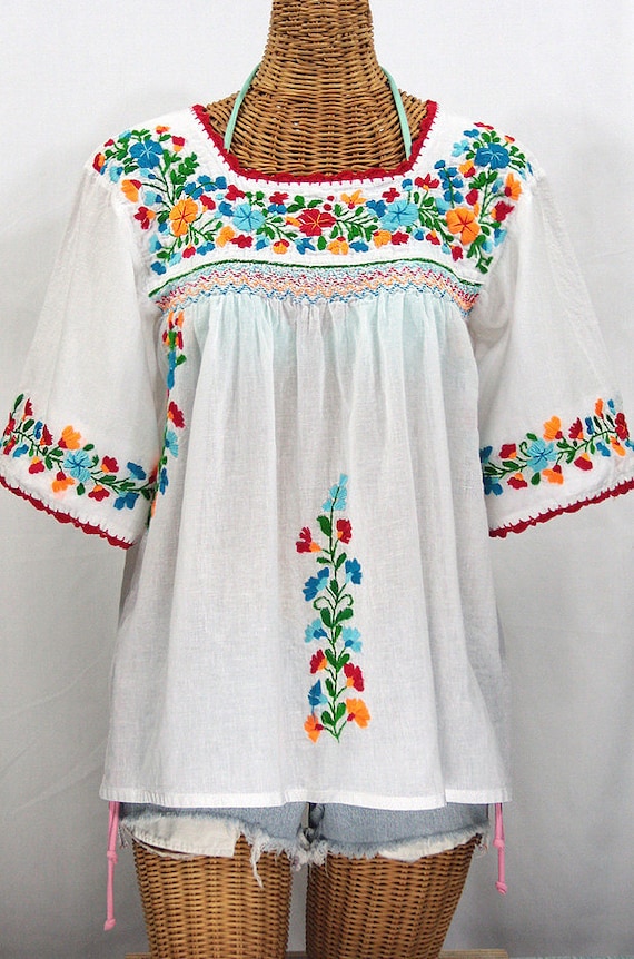 Mexican Peasant Blouse Top Hand Embroidered La