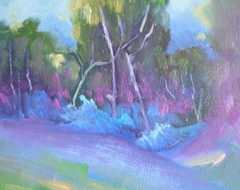 Landscape Oil Painting, Trees in Shadow, 6x8" Landscape, "Deep Purple", Free Shipping in US