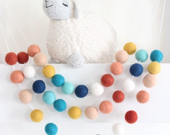 Pom Pom Garland- Felt Ball Garland- Boy Nursery Decor- Southwestern sky- Felt Garland- Tribal nursery Decor- Peach Navy Coral Aqua