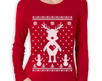 Cute Reindeer Ugly Christmas Sweater - Women's Long Sleeve