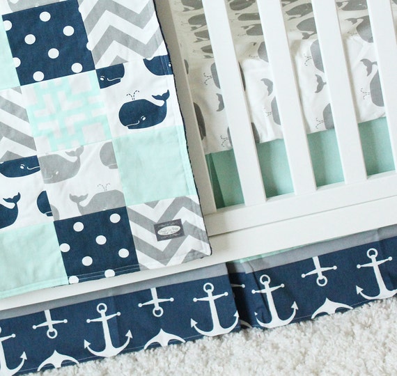 Whale Crib Bedding Navy and Mint Nautical Baby Bedding Navy