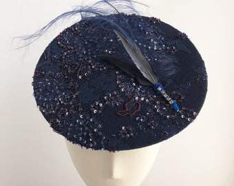 Navy Blue Beaded Lace Platter Fascinator with Burnet Ostrich Feather