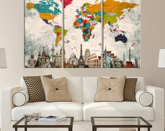 world map canvas print wonder of world map push pin canvas print large wall