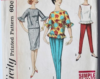 Vintage 1960s Women's Pants, Skirt, and Ruffled Top Sewing Pattern Size 14 Bust 34 Simplicity 4270