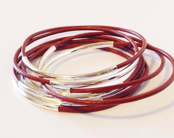 Brick Red Leather Bangle Bracelet with Gold or Silver Tube Accents, Tube Bangles, Tube Bracelets