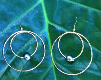 14KT Gold filled hoops w/ Tahitian Pearls
