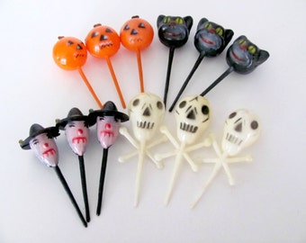 Vintage Halloween Decor, 1960's Halloween Picks, Witch Picks, Pumpkin Picks, Skull Picks, Black Cat Picks, NOS Halloween Decorations