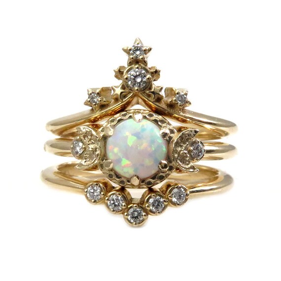 Starseed Moon Temple Engagement Ring Set - Lab Opal with Natural White Diamonds