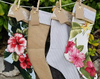 Large Shabby Chic Country Hawaiian Christmas Stocking set of 4