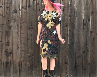 Sequin Mini Dress - Celestial Dress - Sequin Clothing - Sequined Dress - Party Outfit - Festival Clothing - 1980s Clothing - Womens Small