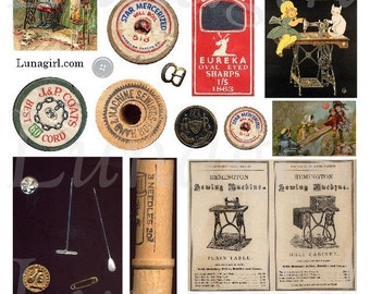 Vintage SEWING NOTIONS digital collage sheet, wooden spools thread needles pins sewing machine, Victorian ads altered art ephemera DOWNLOAD