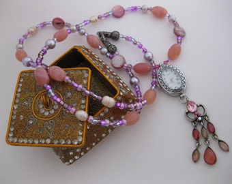 Bright Strawberry Pink Mother-of-Pearl Shell Beaded Nurses Watch Necklace w/Lilac Glass Pearls, Purple Swarovski Crystals & Dangling Pendant