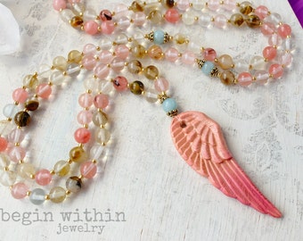 Archangel Metatron Mala Beads / Watermelon Tourmaline Prayer Beads / Angel Wing Mala Necklace