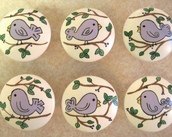 Set of 6 PURPLE BIRDIES Birds - or Any Color You Want - Hand Painted Wooden Knobs Pulls