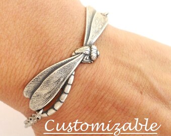 Dragonfly Bracelet, Sterling Silver Ox or Antiqued Brass Ox Finish, Personalized Bracelet