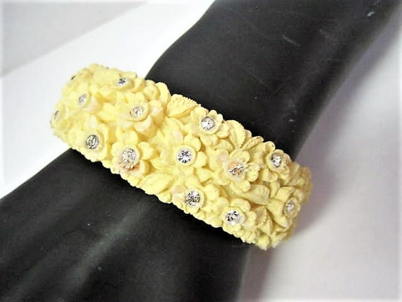 Yellow Celluloid Bracelet, Hinged Bangle, Wide Floral Pastel, Vintage Rhinestone Enhanced Clamper