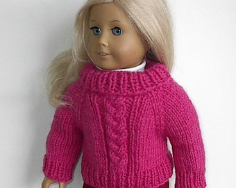 18 Inch Doll Clothes Cable Braid Knit Sweater Fuchsia Pink Buttons in Back Handmade to fit the American Girl and Similar 18" Dolls