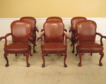 LF29739EC/40EC/41EC: Set Of 6 Leather Carved Mahogany Chairs w. Eagle Arms