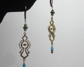 Turquoise and Apatite Brass Dangle Earrings