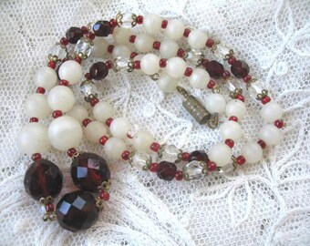 Vintage Necklace ~ Red & Camphor Glass, Crystal Beads