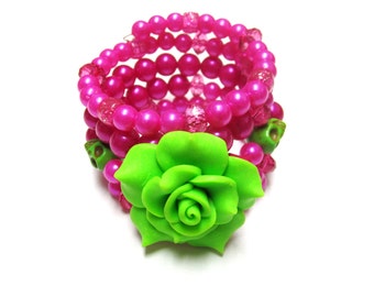 Day of the Dead Bracelet Sugar Skull Jewelry Wrap Hot Pink Lime Green Rose