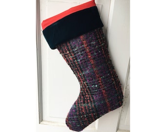 Black Tweed Christmas Stocking Teal Velvet Cuff and Red Taffeta Lining - Modern Heirloom Holiday Decor