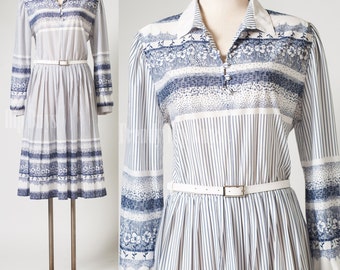 Vintage Dress, 70s Dress, Vintage white dress, White blue Dress, Vintage floral dress, Vintage secretary dress, Vintage sheer dress - M/L/XL