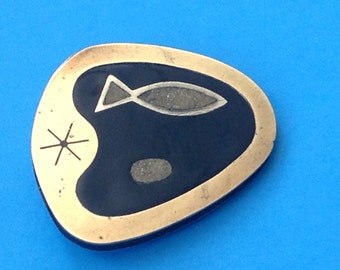 Mexican Modernist Sterling Silver Onyx Fish Brooch Pin, c.1950
