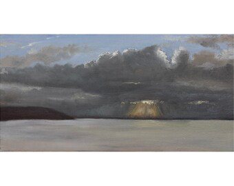Sunrise, Saundersfoot, Wales, small original oil painting, 12 x 24 cm