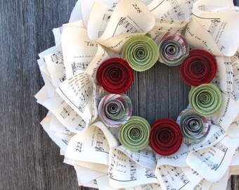 Christmas Wreath, Music Wreath for Christmas with Red and Green Flowers, 10"