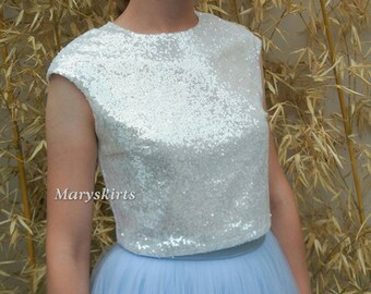 Short-sleeved Sequin Top/ Mermaid Top/ Crop Top (Milk)