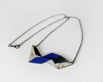 Geometric Necklace, unique shrink plastic necklace, metal chain jewelry, nickel free, blue and cream jewellery