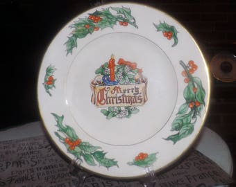Mid-century (c.1950s) and RARE! Fondeville NY Christmas dinner plate featuring the saying of Walter Duff to the reverse. Holly, berries.