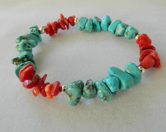 Turquoise and Red Coral Bracelet
