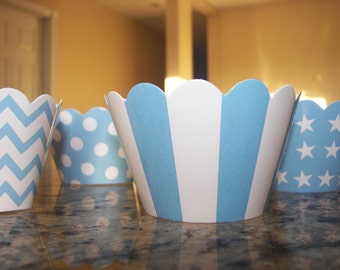 Blue and White Cupcake Wrapper for Baby Shower, Birthday Parties, Baking Supplies in Stripes, Stars, Chevron & Polka Dots