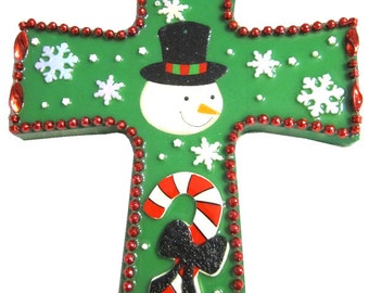 Green with a Snowman and Candy Cane Cross