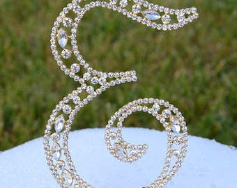 Large 5" Crystal Rhinestone Gold Cake Topper Letter "E" Monogram Wedding Birthday Party Top Initial CT087