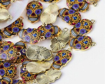 Skull Printed Enamel Gold Alloy Pendant / Charm - 22.5mm long x 13mm wide