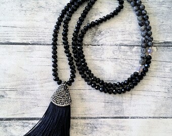 Silk Tassel Necklace, Beaded necklace, Gemstone necklace, Long labradorite crystal necklace, Rhinestone micropave tassel, Statement necklace