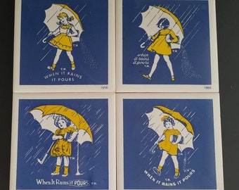 Vintage Morton Salt Logo Advertising Trivets/Plaques - Set of Four (4) Umbrella Girl, When It Rains It Pours Slogan 1914, 1921, 1956, 1968