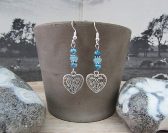 Silver earrings, blue natural stones, engraved heart "Heart"