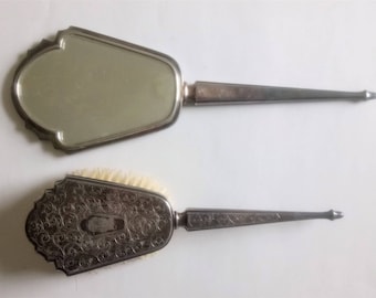 Vintage Antique Hand Mirror And Brush Silver Plate Hand Mirror Brush