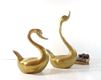 Vintage Brass Swan Statues / Set of Two Extra Large Bird Animal Figurines / Mid Century Decor